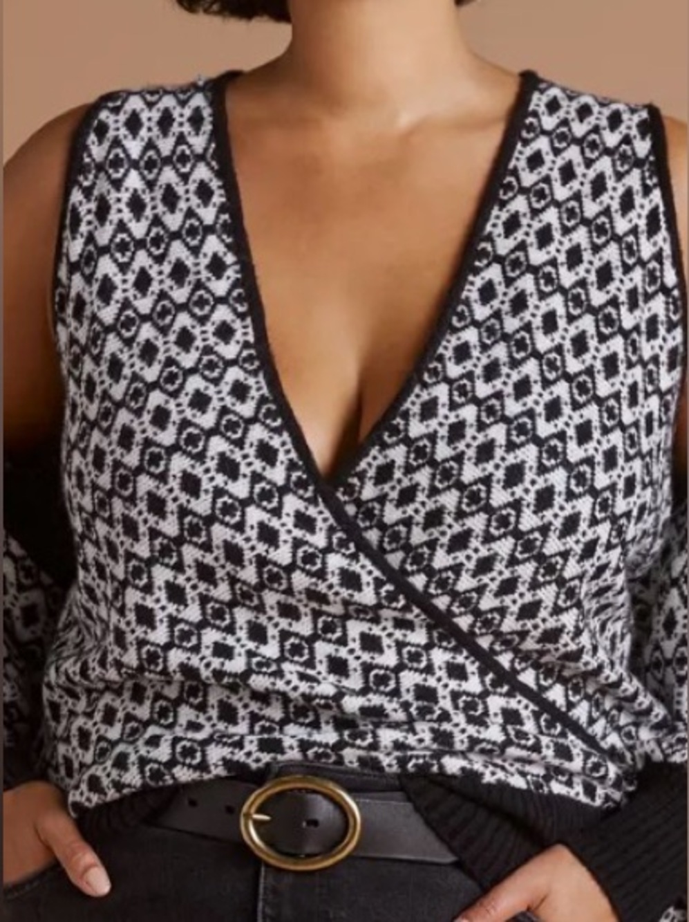 Maeve A+ Anthropologie Black & White Flower Diamond Wrap Sleeveless Sweater 1x